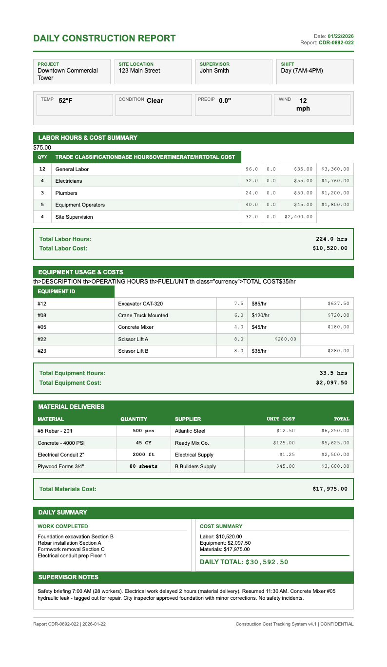 Financial tabular construction report